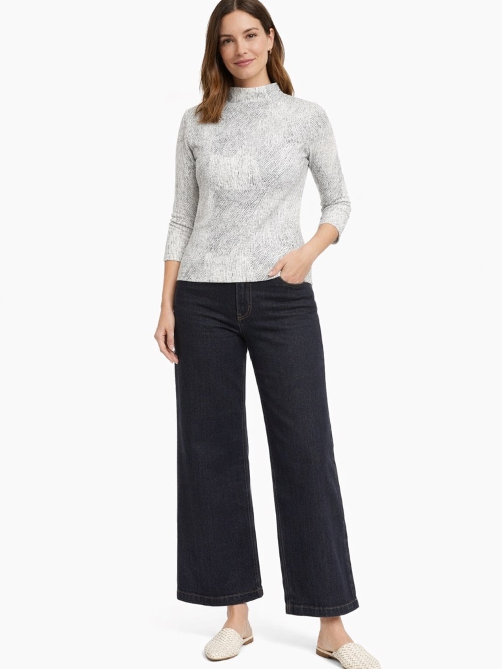 THEORY Textured Mock Neck 3/4 Sleeves Top Black White Abstract Size Small